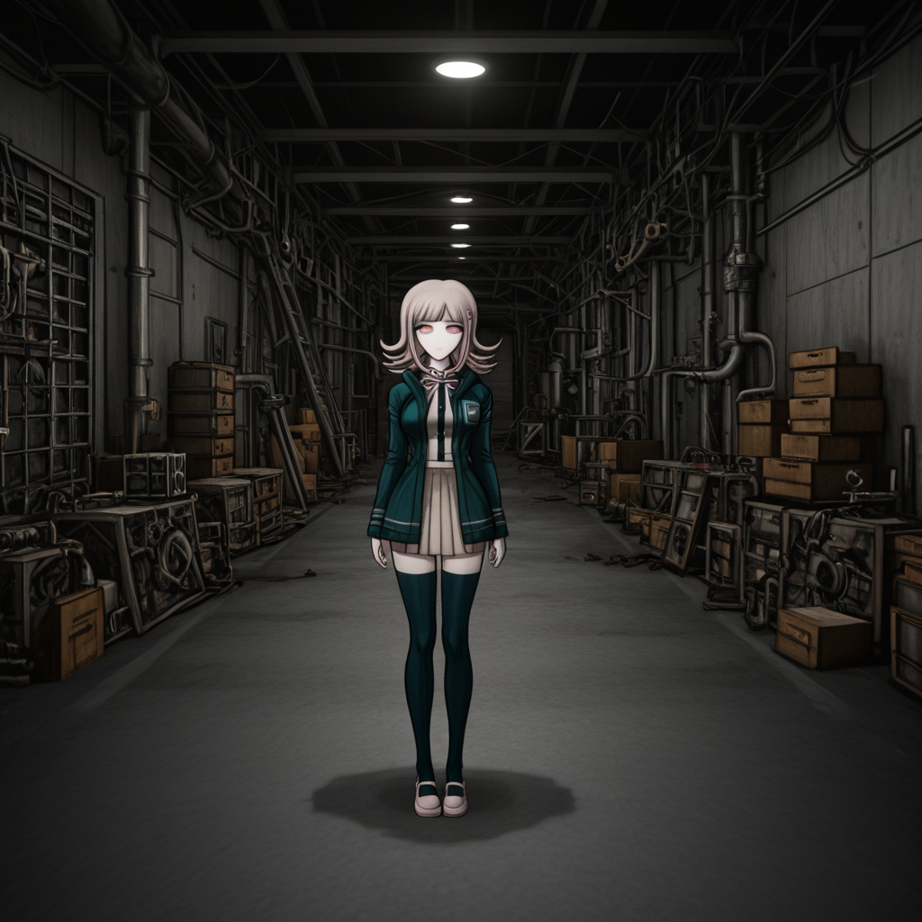masterpiece, best quality, absurdres, <lora:Danganronpa_Locations:1>,  danganronpa sprite style, danganronpa_sprite_style , <lora:Chiaki_Nanami_Illustrious:0.2>,danganronpa_(series), danganronpa_2:_goodbye_despair, nanami_chiaki,1girl, breasts, brown_hair, collared_shirt, flipped_hair, hair_ornament,hood, jacket, long_sleeves, medium_hair, neck_ribbon, open_clothes, open_jacket, pink_eyes, pink_ribbon, pleated_skirt, ribbon, shirt, skirt, solo, spaceship_hair_ornament, thighhighs, white_shirt, shoes, pink_shoes , indoor_scene,warehouse,dark_lighting,spotlights,cardboard_boxes,crates,concrete_floor,industrial_setting,mechanical_parts,wires,cluttered,metal_pipes,gritty,moody_lighting,puddles,reflections,robot_parts,equipment,industrial_machinery,staircase,metal_beams,artificial_lighting,shadows,danganronpa,danganronpa_(series),danganronpa_2:_goodbye_despair,danganronpa 2,danganronpa sprite style,danganronpa_sprite_style