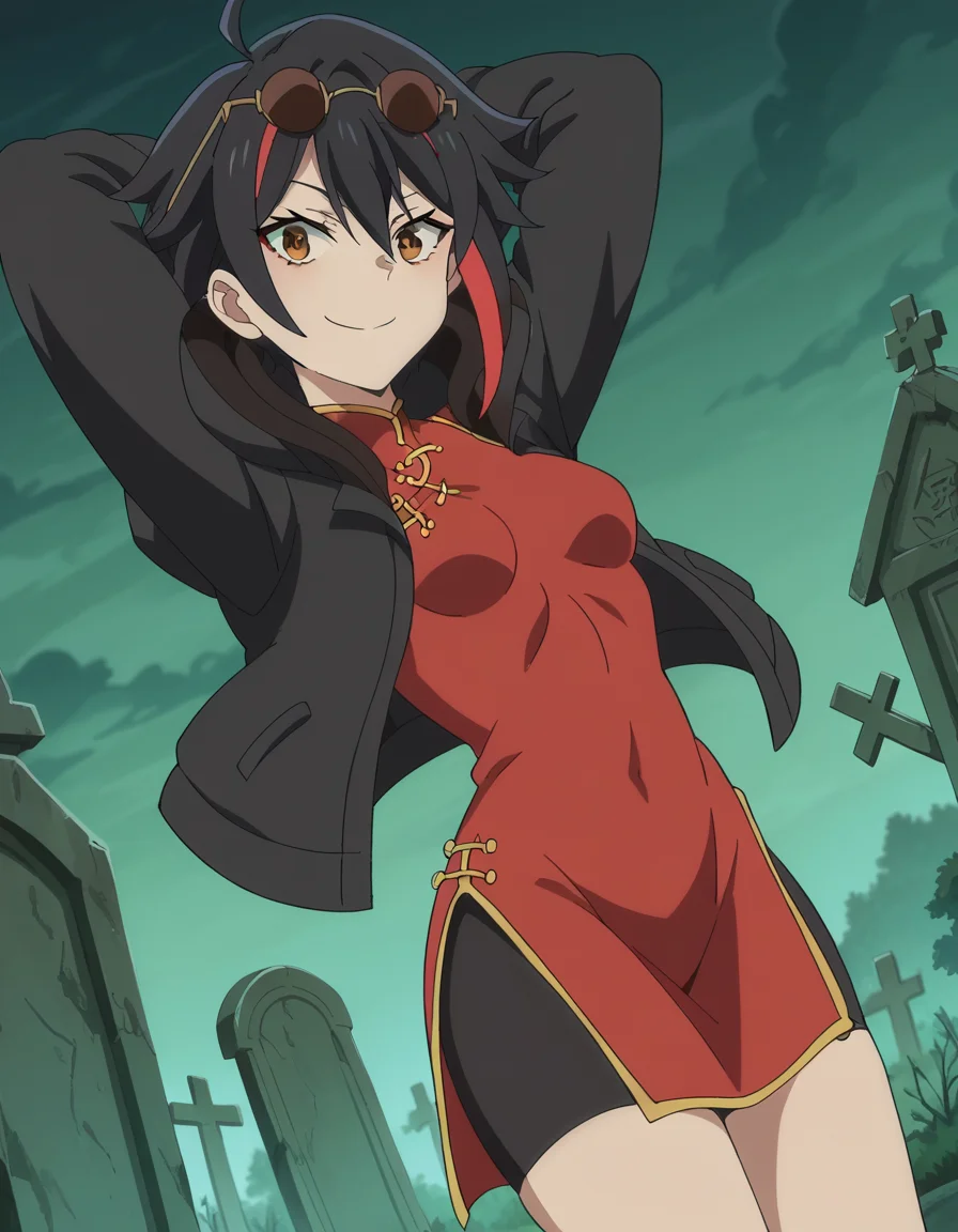 score_9, score_8_up, score_7_up, source_anime, <lora:maou2099-takahashi-s1-ponyxl-lora-nochekaiser:1>, maou2099 takahashi, short hair, black hair, brown eyes, ahoge, red hair, multicolored hair, streaked hair, mature female, small breasts, anime screencap,, dress, jacket, hood, chinese clothes, sunglasses, bike shorts, china dress, eyewear on head, graveyard, tombstones, dark, trees, eerie, smile, hands behind head,, looking at viewer, solo,, dutch angle, cowboy shot