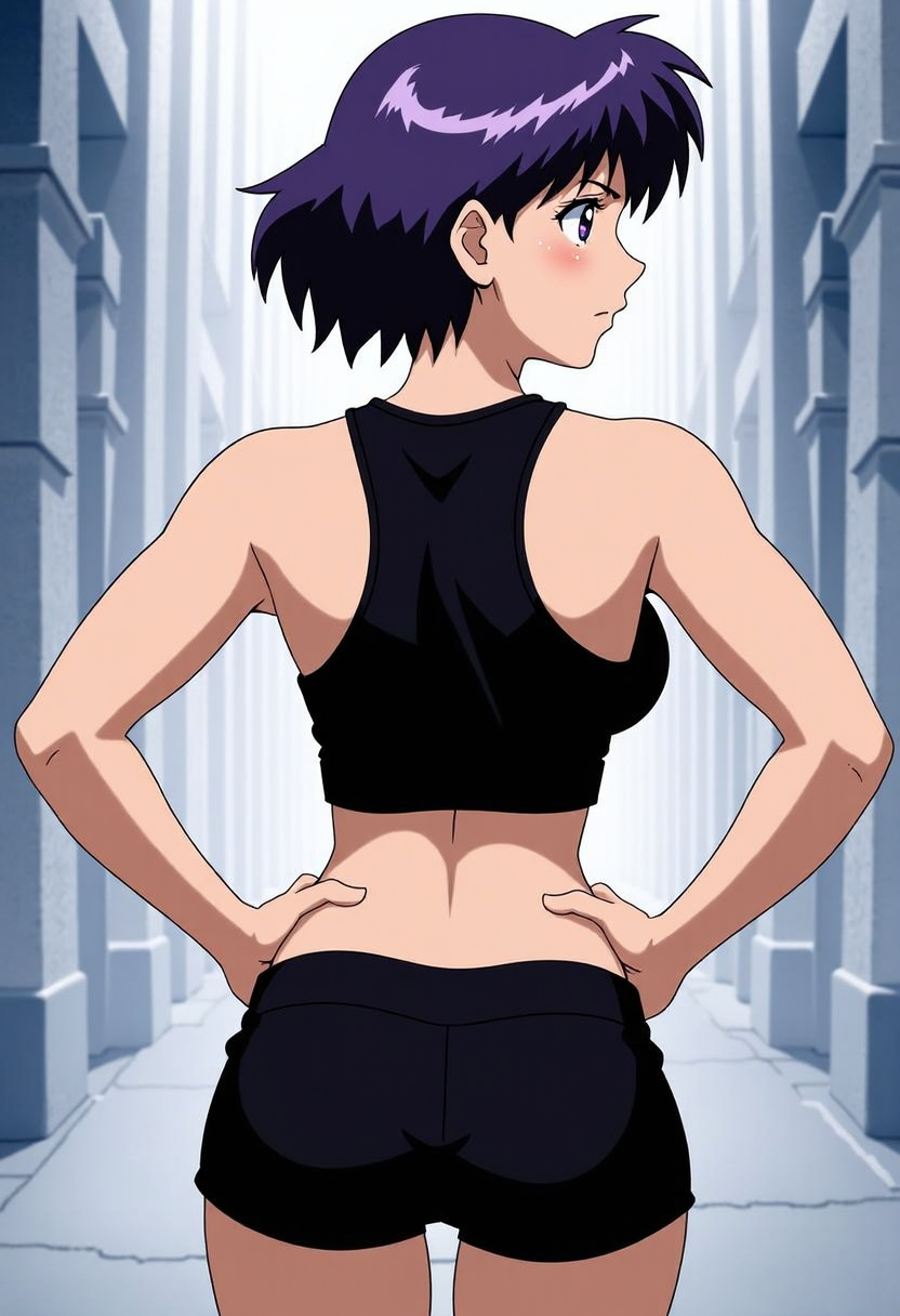 <lora:FLUX\Flux People 01042025\Motoko Kusanagi.safetensors:1.0>, source_anime, from behind, solo, 1girl, motokosac, sweat, expressionless, looking back, hands on own hips, purple hair, black sports bra, black shorts, short shorts, ass, outdoors, city street