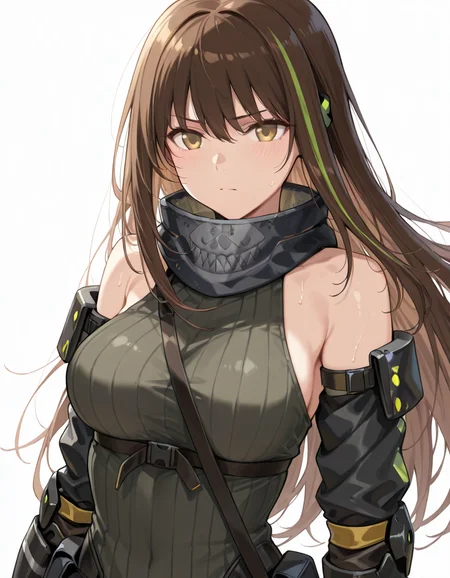 Volumetric Lighting, (masterpiece), (best quality), (ultra-detailed), masterpiece, source_anime, score_9, score_8_up, score_7_up BREAK, illustration, disheveled hair, detailed eyes, perfect composition, moist skin, intricate details BREAK, M4A1, long hair, black hair, streaked hair, green hair, golden eyes BREAK, M4mod3, M4mod3, mechanical hands, mod3_sweater,black sweater, mod3_detached_sleeves, skull printed bandana, mod3_bandana, mechanical arms, mod3_glove BREAK, ((white background)), upper body, face focused