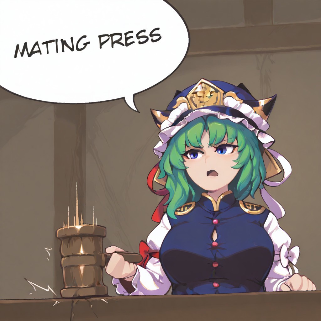 masterpiece, best quality, aesthetic, colorful, BREAK, 1girl, (Shiki Eiki), mature female, matpress, serious, frown, open mouth, looking to the side, upper body, holding hammer, english text, speech bubble, hammer, blue shirt,