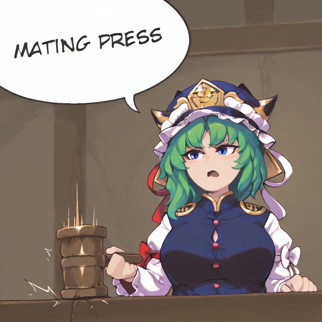 masterpiece, best quality, aesthetic, colorful, BREAK, 1girl, (Shiki Eiki), mature female, matpress, serious, frown, open mouth, looking to the side, upper body, holding hammer, english text, speech bubble, hammer, blue shirt,