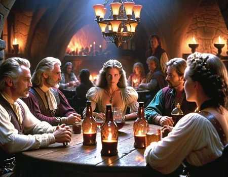 cinematic still 80sdarkfantasylora, multiple people, sitting at table, tavern . emotional, harmonious, vignette, 4k epic detailed, shot on kodak, 35mm photo, sharp focus, high budget, cinemascope, moody, epic, gorgeous, film grain, grainy, 80sdarkfantasylora, multiple people, sitting at table, tavern, sharp focus, highly detailed, cinematic, intricate, elegant, rich deep colors, radiant light, vivid beautiful, symmetry, magical, mystical, scenic, thought, ambient, elite, determined, magic, dramatic, designed, clear, artistic, inspired, new, creative, vibrant, color