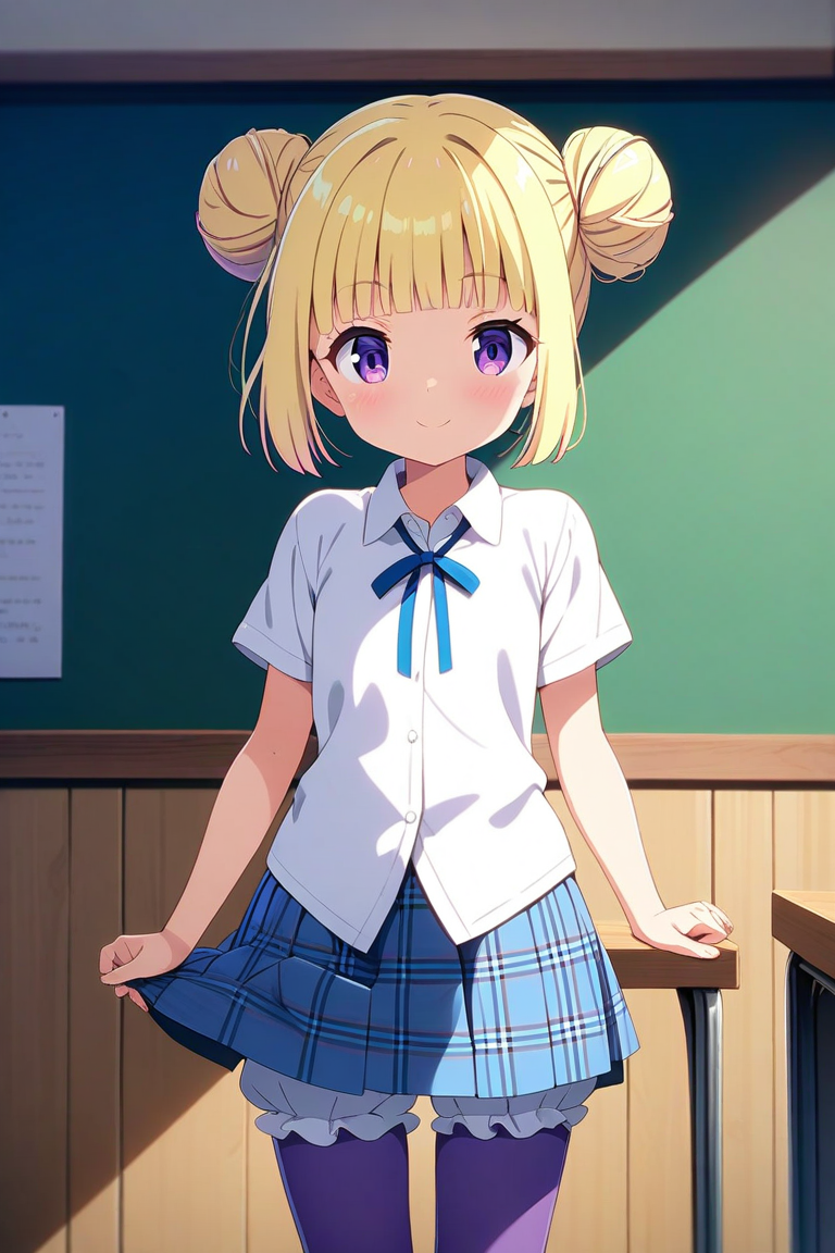 (masterpiece, best quality), highly detailed background, perfect lighting, best quality, (anime coloring:1.2), yomogidasumire, 1girl, solo, looking at viewer, smile, closed mouth, double bun, blunt bangs, blonde hair, purple eyes, flat chest, white shirt, short sleeves, untucked shirt, blue ribbon, neck ribbon, blue skirt, plaid skirt, bloomers, purple pantyhose, seiou_gakuen_school_uniform, standing, classroom, chalkboard