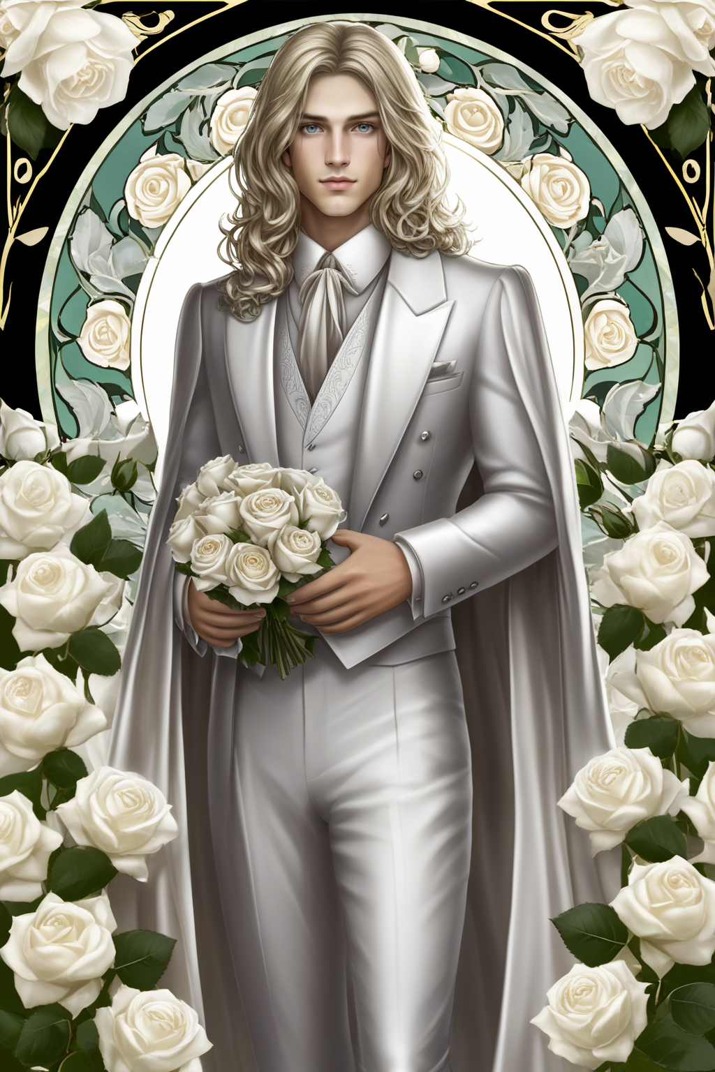 male, blonde long hair, grey eyes, full body, white roses background <lora:Ilian XL:0.8> ilian   <lora:Art_Nouveau_Pony:0.8> art nouveau