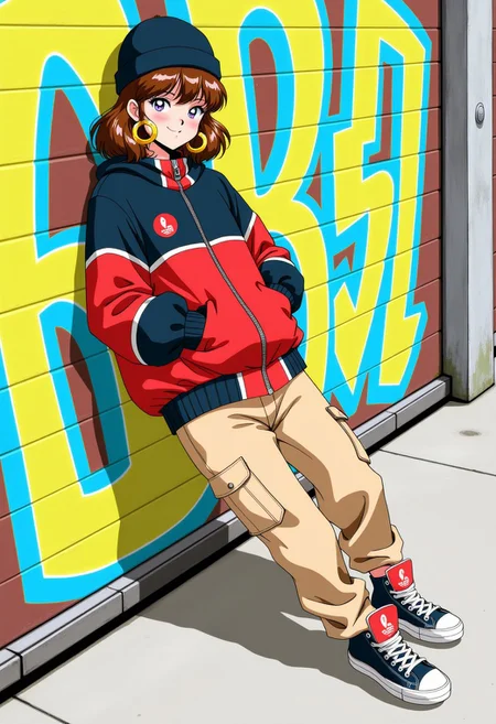 Modernretroanime. 1girl, solo, oversized bomber jacket, loose cargo pants, high-top sneakers, beanie hat, gold hoop earrings, relaxed pose, leaning against a graffiti wall, playful grin, street aesthetic, hip-hop fashion, confident energy