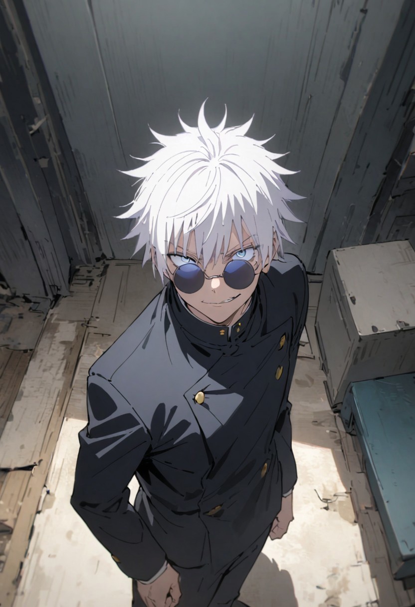 score_9, score_8_up, score_7_up, score_6_up, masterpiece, best quality, absurdres, cinematic, perfect composition, solo, 1boy, gojou satoru, blue eyes, white hair, round sunglasses, jacket, black jacket, gakuran, school uniform, high collar, smirk, standing, looking at viewer,