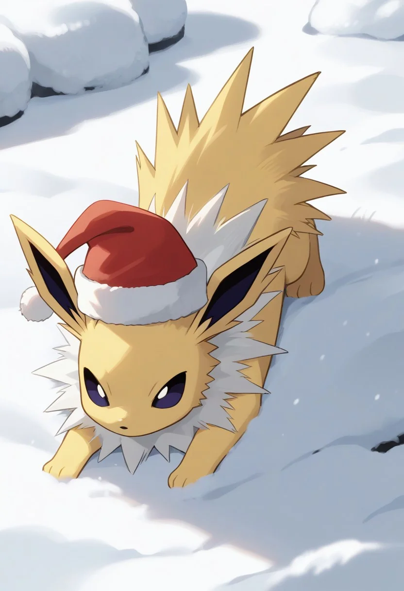(source_anime, score_9, score_8_up, score_7_up:1), (rating_safe:1.2), no humans, feral, solo male, jolteon, lying, santa hat, christmas, outdoors, snow, pokemon \(classic anime\), anime screencap