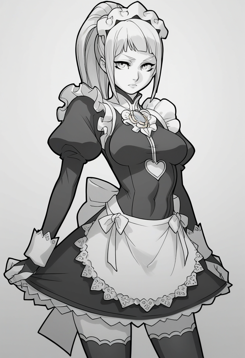score_9, score_8_up, score_7_up, source_anime BREAK 1girl, solo, <lora:daicombo-artist-richy-v1_pdxl:1> standing, monochrome, greyscale, <lora:felicia-fe-richy-v1_pdxl:0.8> feliciadef, ponytail, long hair, maid headdress, brooch, maid apron, black thighhighs, bridal gauntlets