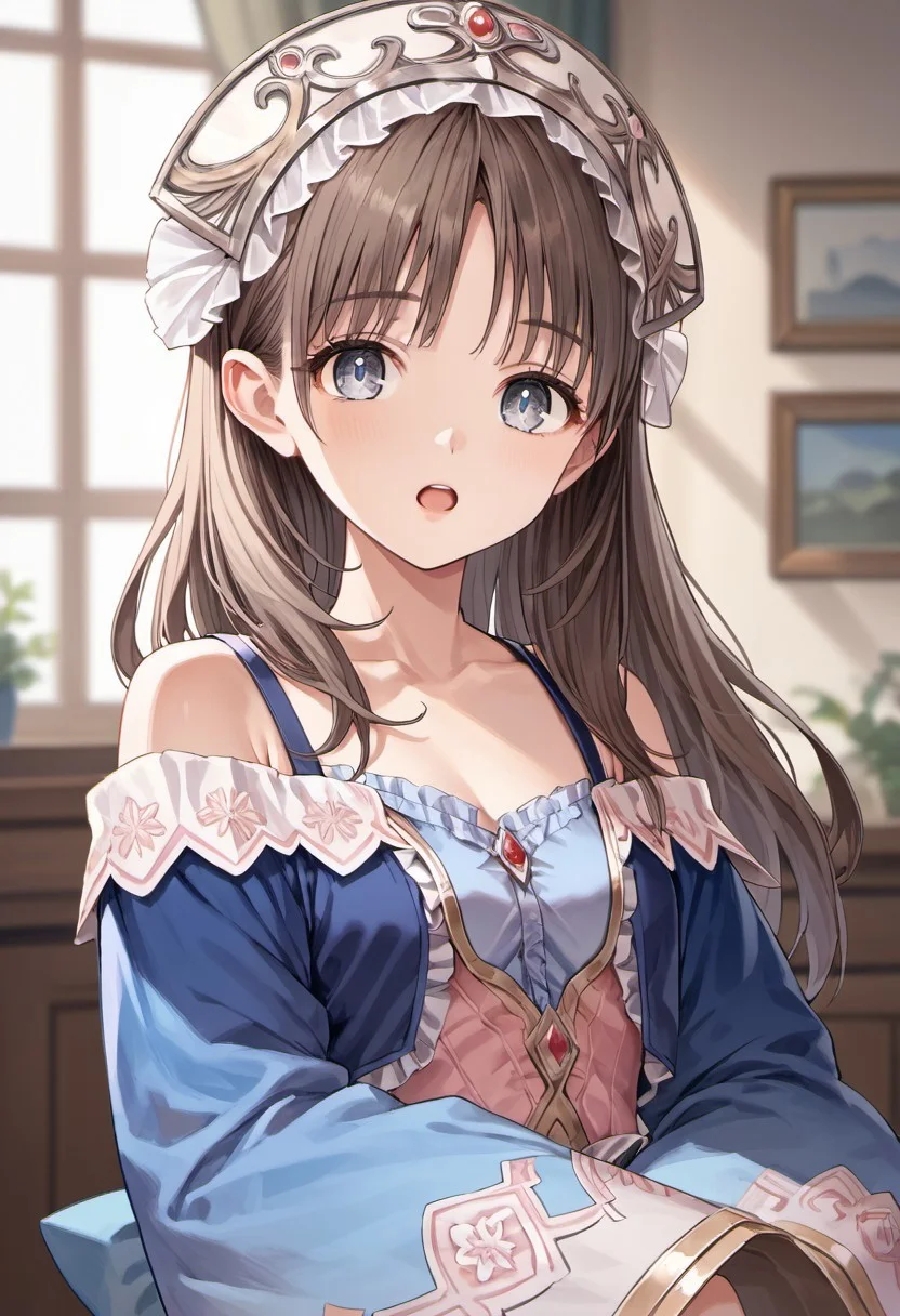 score_9, score_8_up, score_7_up, source_anime, totooria helmold, long hair, brown hair, greyish-blue eyes, 1girl, blue sleeves, solo, open mouth, looking at viewer, bare shoulders