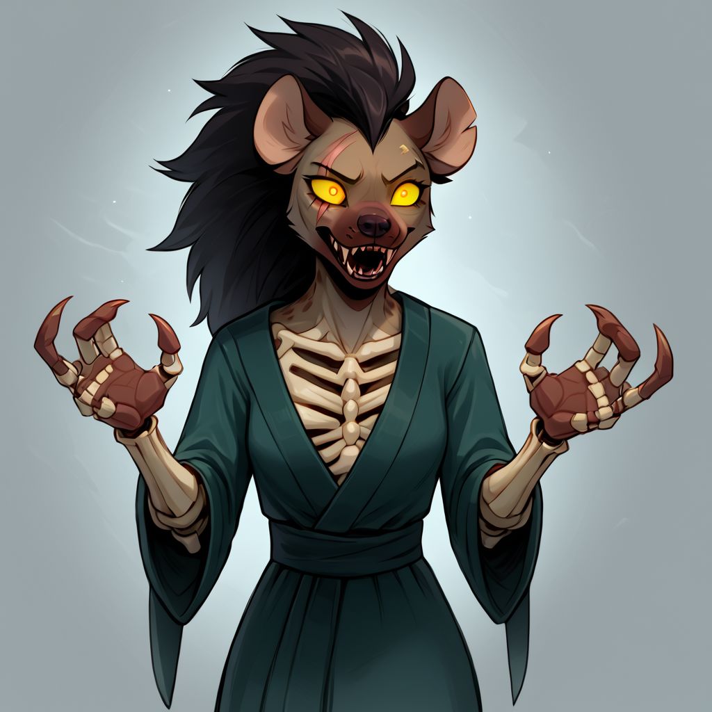 Solo, female, gnoll, black rotting fur, messy fur, glowing green left eye, blind right eye, scar over right eye, skeleton hands, claws, necromancer robe, eldritch, ugly green magic in skeleton hands, hyena anthro, undead anthro