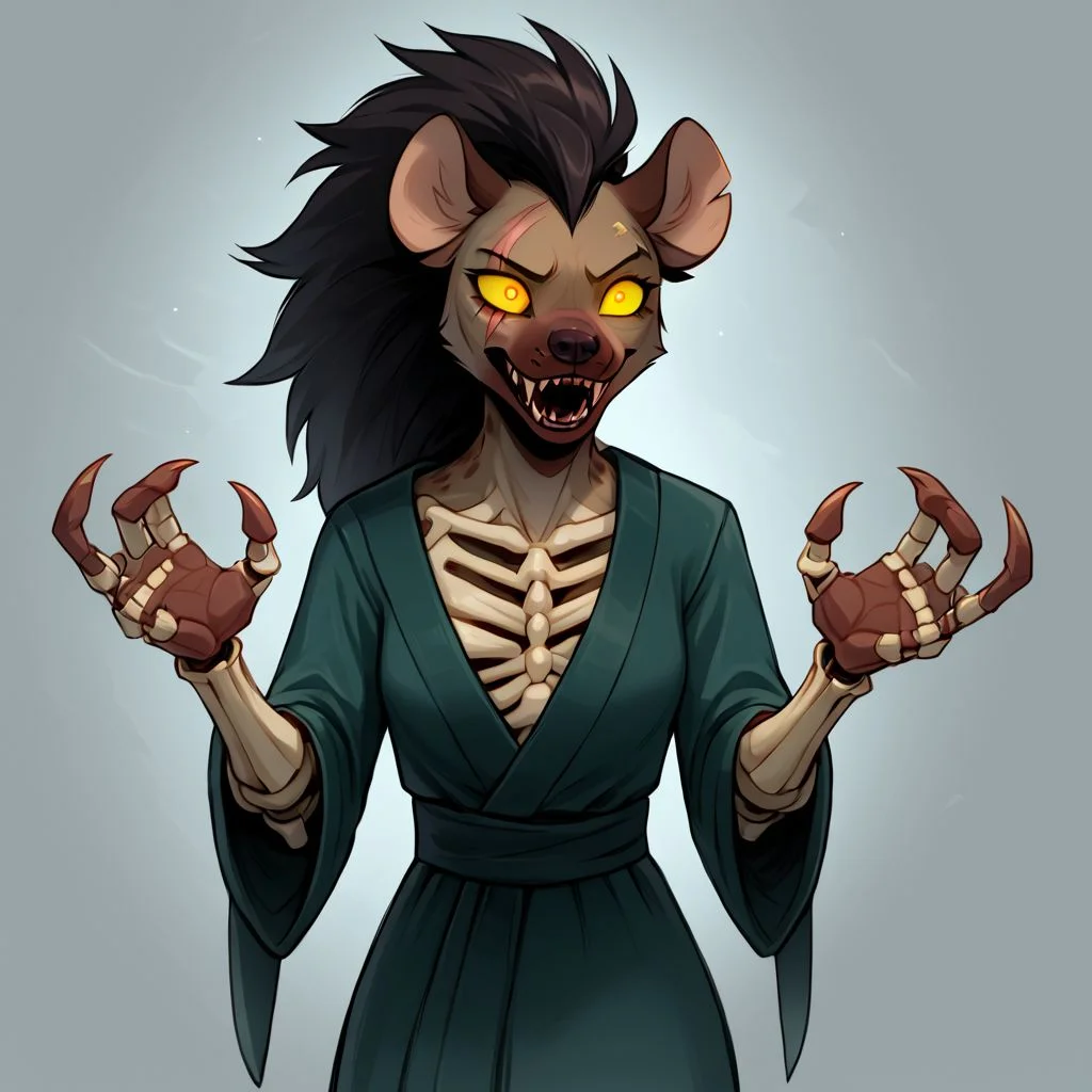 Solo, female, gnoll, black rotting fur, messy fur, glowing green left eye, blind right eye, scar over right eye, skeleton hands, claws, necromancer robe, eldritch, ugly green magic in skeleton hands, hyena anthro, undead anthro