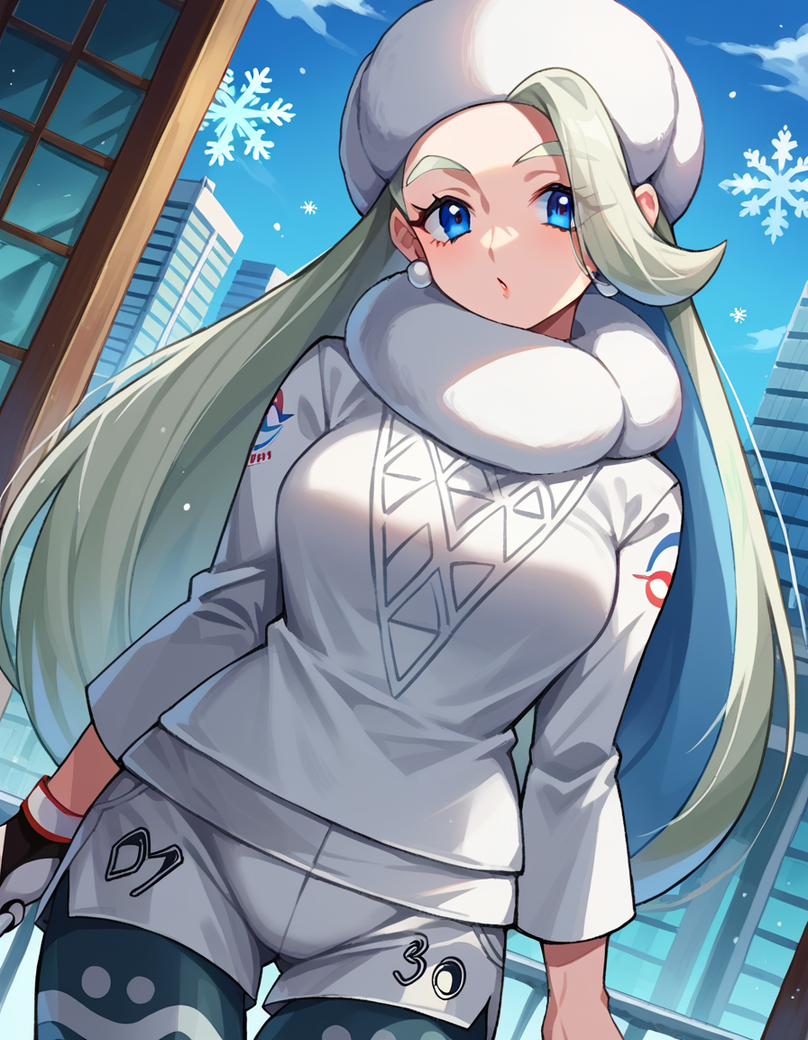 score_9, score_8_up, score_7_up, source_anime,
pokemonmelony, <lora:pokemon-melony-ponyxl-lora-nochekaiser:1>
pokemonmelony, blue eyes, eyelashes, long hair, multicolored hair, streaked hair, grey hair,
earrings, gloves, hat, jewelry, long sleeves, pantyhose, pantyhose under shorts, scarf, shorts, single glove, snowflakes, sweater, white headwear, white scarf, white sweater,
outdoors, cityscape,
looking at viewer, cowboy shot, dutch angle,