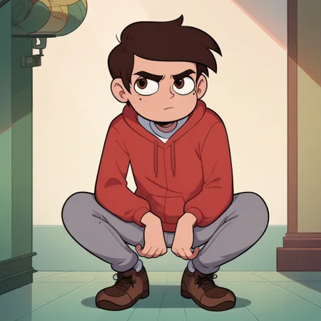 score_9, score_8_up, score_7_up, Marco_Diaz, 1boy, solo, brown hair, brown eyes, mole under eye, short hair,
red hoodie, gray pants, brown shoes,
Serious expression, crouching, wide stance,