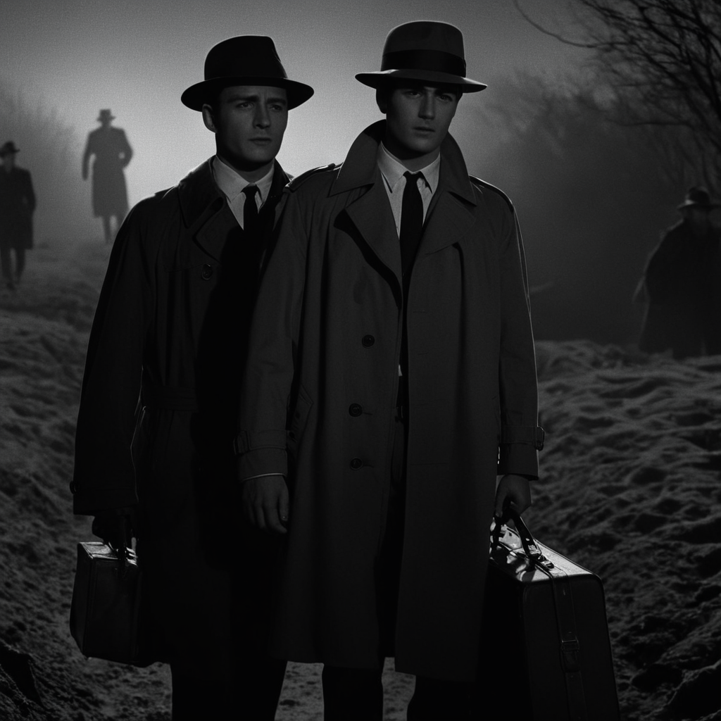 cinematic film still of  <lora:1960's style:1>
In the 1960's a man covered in shadows in a trench coat and hat is standing next to another man from behind,long sleeves,1boy,hat,holding,monochrome,greyscale,multiple boys,necktie,2boys,bag,coat,dark,holding bag,trench coat,suitcase,briefcase ,realistic,realism, detailed, perfection,perfect,filmic,retro,vintage,classic,different haircut,different look,different style,1960's style , 1960 style, shallow depth of field, vignette, highly detailed, high budget, bokeh, cinemascope, moody, epic, gorgeous, film grain, grainy