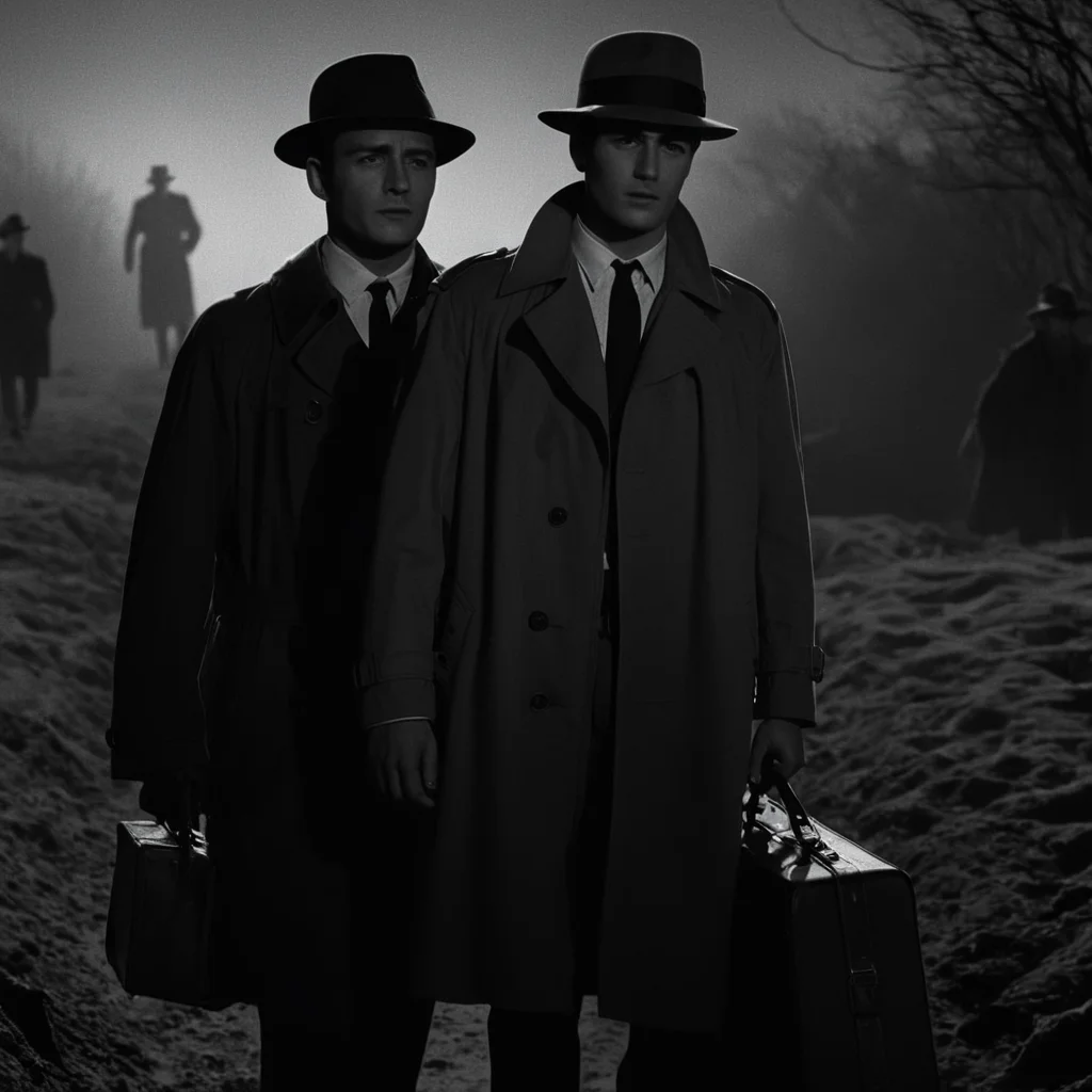 cinematic film still of <lora:1960's style:1>
In the 1960's a man covered in shadows in a trench coat and hat is standing next to another man from behind,long sleeves,1boy,hat,holding,monochrome,greyscale,multiple boys,necktie,2boys,bag,coat,dark,holding bag,trench coat,suitcase,briefcase ,realistic,realism, detailed, perfection,perfect,filmic,retro,vintage,classic,different haircut,different look,different style,1960's style , 1960 style, shallow depth of field, vignette, highly detailed, high budget, bokeh, cinemascope, moody, epic, gorgeous, film grain, grainy