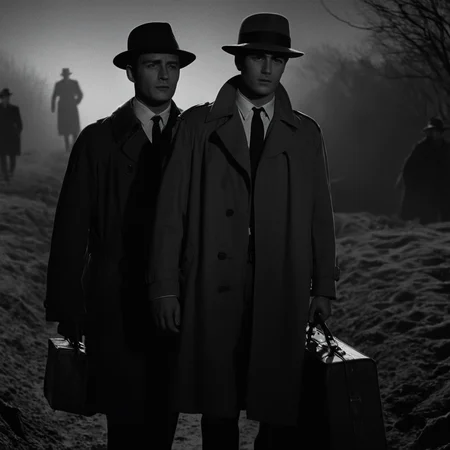 cinematic film still of <lora:1960's style:1>
In the 1960's a man covered in shadows in a trench coat and hat is standing next to another man from behind,long sleeves,1boy,hat,holding,monochrome,greyscale,multiple boys,necktie,2boys,bag,coat,dark,holding bag,trench coat,suitcase,briefcase ,realistic,realism, detailed, perfection,perfect,filmic,retro,vintage,classic,different haircut,different look,different style,1960's style , 1960 style, shallow depth of field, vignette, highly detailed, high budget, bokeh, cinemascope, moody, epic, gorgeous, film grain, grainy