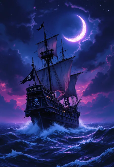 A cinematic and vibrant illustration of a menacing pirate ship sailing under a dramatic night sky. The ship is shrouded in darkness, adorned with a skull and crossbones flag, and displays a formidable reputation. The weathered hull and tattered sails suggest a long and perilous journey. The crescent moon, tinged with an eerie purple hue, casts an otherworldly glow, enhancing the sense of adventure and danger. The turbulent sea, ominous sky, and menacing pirate ship create an atmosphere of excitement and anticipation. The image evokes a longing for the golden age of piracy and invites the viewer to embark on their own thrilling voyage