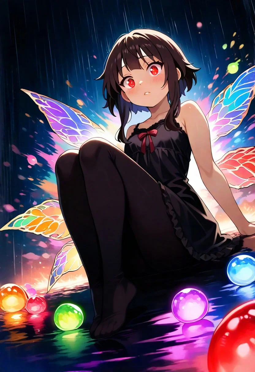 Megumin, masterpiece, best quality, amazing quality, very aesthetic, absurdres, newest, 1girl, Megumin, sits sideways to the viewer, brown hair, red glowing eyes, sweet eyes, face under shadow, body under shadow, dark, dark, hard to see, bright lights, a lot of darkness, black nightgown, lips, thin lips, narrow mouth, solo, full body, backlighting, from above, dutch angle, sitting, sitting on the floor, pressed her legs, legs to the body, hugged her legs, wings, large wings, slightly transparent, luminous wings, slightly open wings, dripping a little moisture, reflection, reflection on the floor, water reflection, bright reflection, colorful candies, rain of colorful candies, rain of candies, the candies are very close, falling candies, from top to bottom, falling down, lots of candies, colorful candies, glowing candies, very close, a little blur on the candy, masterpiece, best quality, amazing quality, very aesthetic, absurdres, newest, soft light, explosion of colors, masterpiece, best quality, colorful, bright, multicolored, bright colors of paint, masterpiece, best quality, amazing quality, very aesthetic, absurdres, lots of multicolored rainbow light, focus on the face, lots of soft light, soft colors, lots of colorful particles, colorful candies, rain of colorful candies, rain of candies, falling candies, from top to bottom, falling down, lots of candies, colorful candies, glowing candies, very close, a little blur on the candy, dark, hard to see,