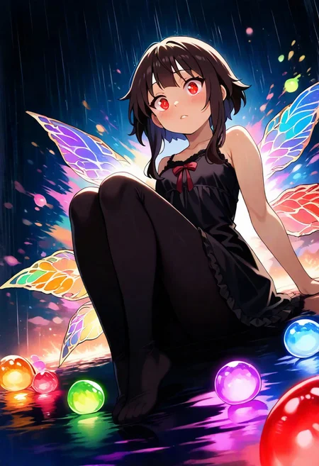 Megumin, masterpiece, best quality, amazing quality, very aesthetic, absurdres, newest, 1girl, Megumin, sits sideways to the viewer, brown hair, red glowing eyes, sweet eyes, face under shadow, body under shadow, dark, dark, hard to see, bright lights, a lot of darkness, black nightgown, lips, thin lips, narrow mouth, solo, full body, backlighting, from above, dutch angle, sitting, sitting on the floor, pressed her legs, legs to the body, hugged her legs, wings, large wings, slightly transparent, luminous wings, slightly open wings, dripping a little moisture, reflection, reflection on the floor, water reflection, bright reflection, colorful candies, rain of colorful candies, rain of candies, the candies are very close, falling candies, from top to bottom, falling down, lots of candies, colorful candies, glowing candies, very close, a little blur on the candy, masterpiece, best quality, amazing quality, very aesthetic, absurdres, newest, soft light, explosion of colors, masterpiece, best quality, colorful, bright, multicolored, bright colors of paint, masterpiece, best quality, amazing quality, very aesthetic, absurdres, lots of multicolored rainbow light, focus on the face, lots of soft light, soft colors, lots of colorful particles, colorful candies, rain of colorful candies, rain of candies, falling candies, from top to bottom, falling down, lots of candies, colorful candies, glowing candies, very close, a little blur on the candy, dark, hard to see,
