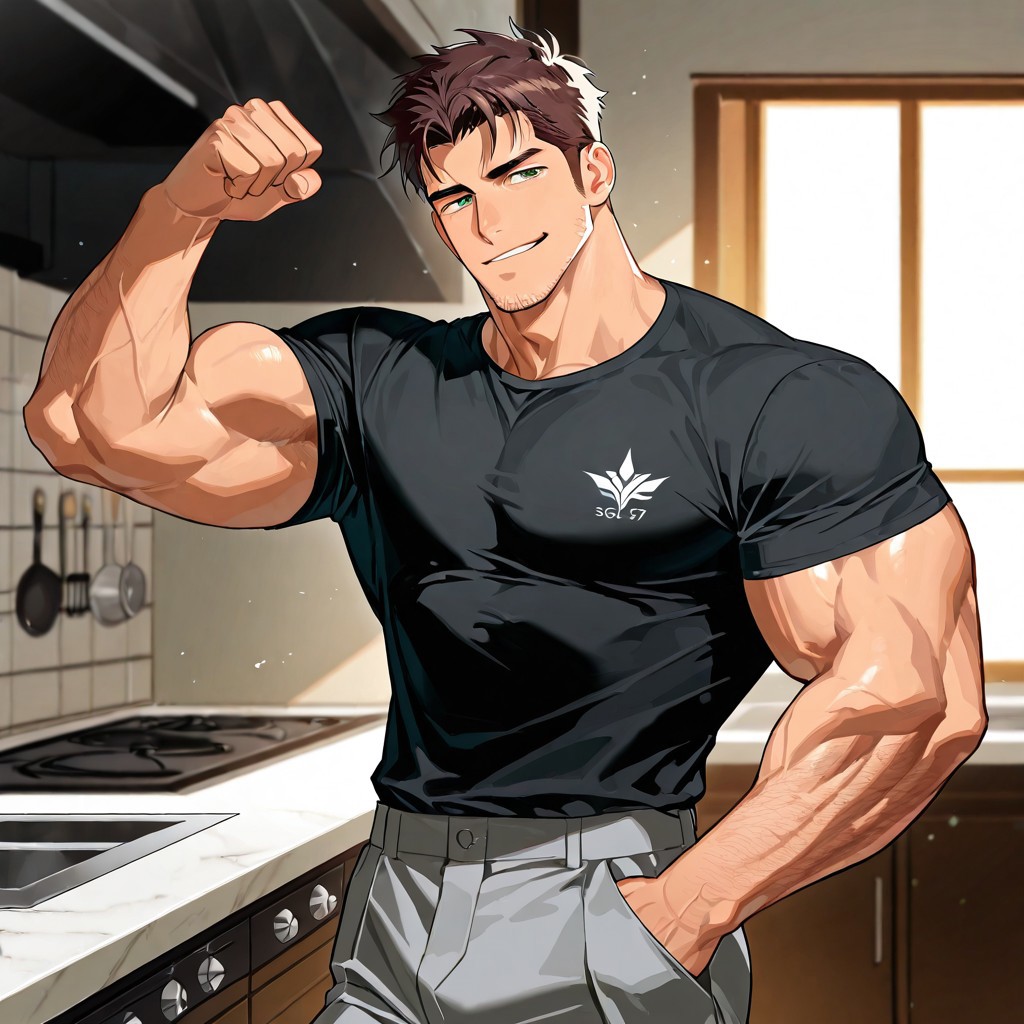 score_9,score_8_up,score_7_up, score_9, score_8_up, Intricate Details, Masterpiece, Best Quality, 1man, mature, bara, solo, male focus, correct anatomy, perfect hands, stylized seinen anime style, lots of details, shaded, detailed shading, detailed skin, counter shading, manly face, dark green eyes, striking features, a chiseled jawline and a stubble. His brown hair is short and neat, close up of face, small smirk. His powerful physique showcased in a form-fitting black t-shirt and gray dress pants. With clenched fists, and striking shadows accentuating his muscles, the warm lighting and earthy tones of the kitchen enhance his commanding presence, one hand in his pocket