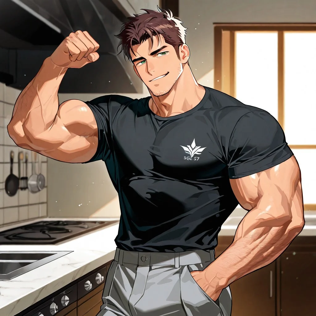 score_9,score_8_up,score_7_up, score_9, score_8_up, Intricate Details, Masterpiece, Best Quality, 1man, mature, bara, solo, male focus, correct anatomy, perfect hands, stylized seinen anime style, lots of details, shaded, detailed shading, detailed skin, counter shading, manly face, dark green eyes, striking features, a chiseled jawline and a stubble. His brown hair is short and neat, close up of face, small smirk. His powerful physique showcased in a form-fitting black t-shirt and gray dress pants. With clenched fists, and striking shadows accentuating his muscles, the warm lighting and earthy tones of the kitchen enhance his commanding presence, one hand in his pocket