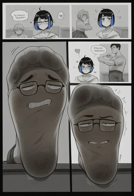 score_9, score_8_up, score_7_up, 
comic panels,2panels ,
[panel1 ： detailed , 1girl, (black hair:1.1), highlights in hair, blue highlights, bob cut hair style, messy hair, hair clip, hazel eyes, square frame glasses, black frame glasses, school uniform, short skirt, blue and white socks,  school，classroom,sitting on a chair,] ,
[ panel2 ：Stretch out your socked feet, the soles of your socked feet, the focus of your soles,Looking from below, looking down,]manga page,manga layout, panels, manga panels, page layoutcomic panels, manga page, speedlines, cover,  hearts, living socks, socks have detailed faces on soles, dirty socks, smelly socks,