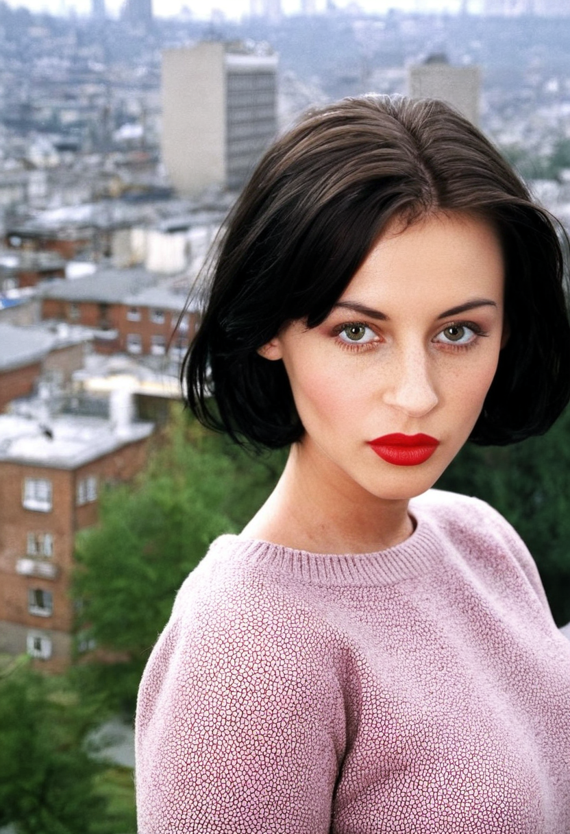 bokeh, (portrait), face focused, Michell3W1ld, Michelle Wild, <lora:Michell3W1ld-sdxl:1>, 1girl, (looking at viewer), lipstick, mid shot, tight sweater, medium hair, bobbed hair, ultra detailed, 8k, skin pores, grain, photograph, retro, 1990s fashion, analog, film, nineties, outside, cityscape, pink