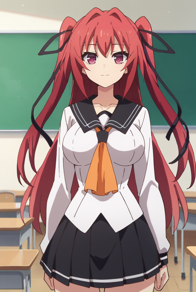 score_9, score_8_up, score_7_up, source_anime,
<lora:ShinmaiMaou_NaruseMioXL_1:0.9>, NaruseMio,
1girl, solo, closed mouth, light smile,
magenta hair, violet eyes, two side up, hair ribbon, black ribbon,
MioSchool, black sailor collar, white shirt, orange neckerchief, black skirt,
standing, looking at the viewer, cowboy shot, facing viewer, thigh gap,
indoors, classroom