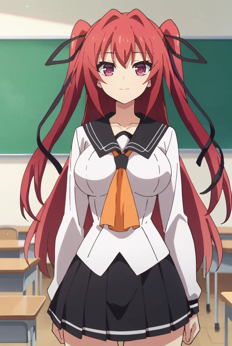 score_9, score_8_up, score_7_up, source_anime,
<lora:ShinmaiMaou_NaruseMioXL_1:0.9>, NaruseMio,
1girl, solo, closed mouth, light smile,
magenta hair, violet eyes, two side up, hair ribbon, black ribbon,
MioSchool, black sailor collar, white shirt, orange neckerchief, black skirt,
standing, looking at the viewer, cowboy shot, facing viewer, thigh gap,
indoors, classroom