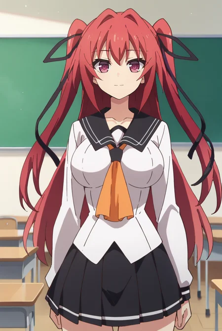 score_9, score_8_up, score_7_up, source_anime,
<lora:ShinmaiMaou_NaruseMioXL_1:0.9>, NaruseMio,
1girl, solo, closed mouth, light smile,
magenta hair, violet eyes, two side up, hair ribbon, black ribbon,
MioSchool, black sailor collar, white shirt, orange neckerchief, black skirt,
standing, looking at the viewer, cowboy shot, facing viewer, thigh gap,
indoors, classroom