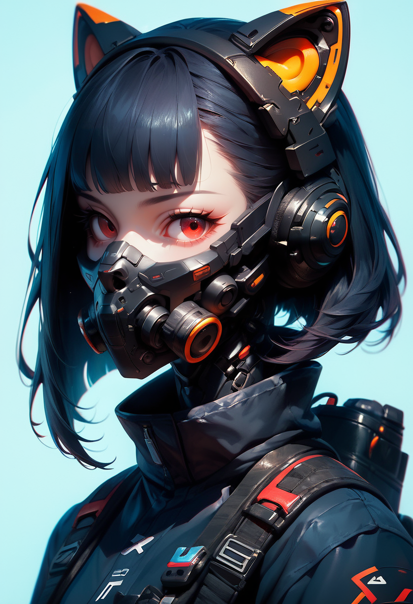 (score_9, score_8_up, score_7_up), zPDXL, 1girl, solo, looking at viewer, short hair, bangs, simple background, black hair, red eyes, animal ears, jacket, upper body, cat ears, blunt bangs, medium hair, grey background, from side, black jacket, eyelashes, mask, fake animal ears, headphones, blue background, backpack, portrait, mouth mask, cyberpunk, respirator, mechanical ears
<lora:BioPunky:0.8>