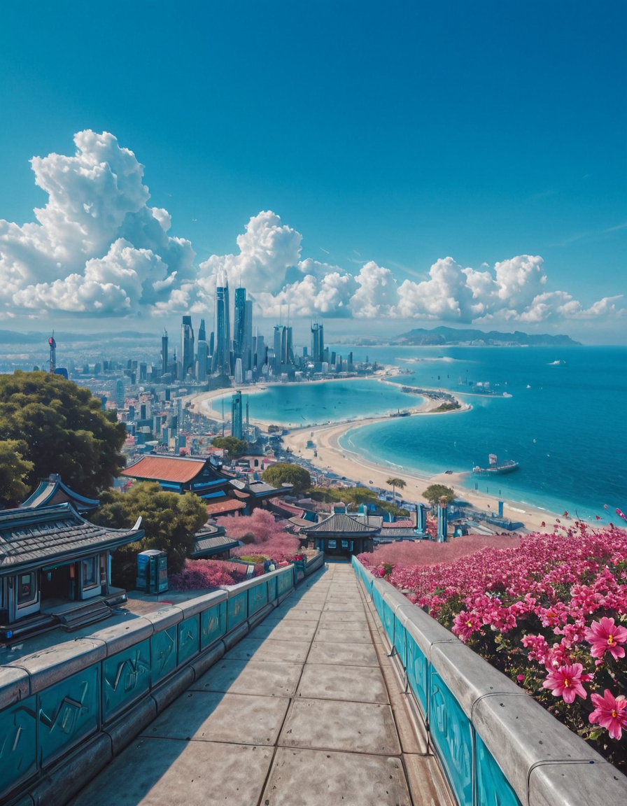 <lora:Space_Worlds_Minis_5:1> swminis5bis, cyberpunk, japan, narrow walkway, blue sky, clouds, seaside, house, trees, flowers, sea, bidge, temple,