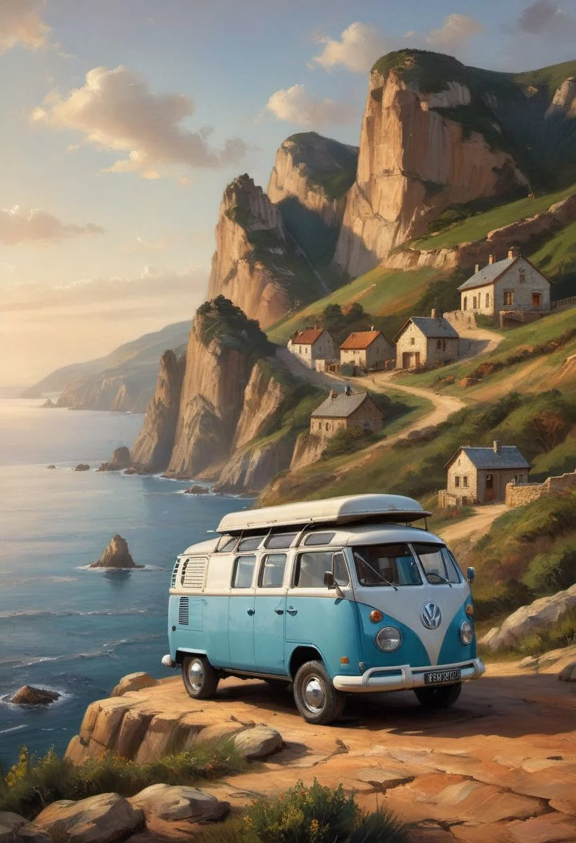 volkswagen van equipped as a camper, vintage, on a cliff, beautiful view, advertising campaign, winning photo,