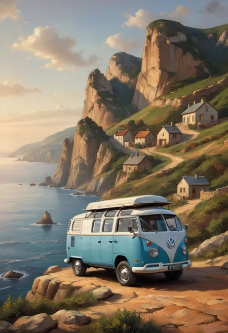 volkswagen van equipped as a camper, vintage, on a cliff, beautiful view, advertising campaign, winning photo,