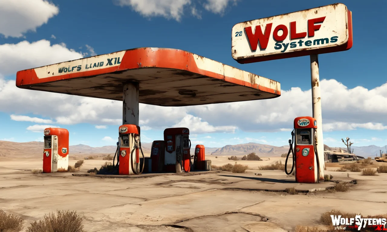 a photo of an abandoned gas station, sign, text "Wolf-Systems", <lora:falloutlandsdxl:0.7>, falloutlandsdxl, epic landscape, best quality, masterpiece, award-winning, trending on artstation