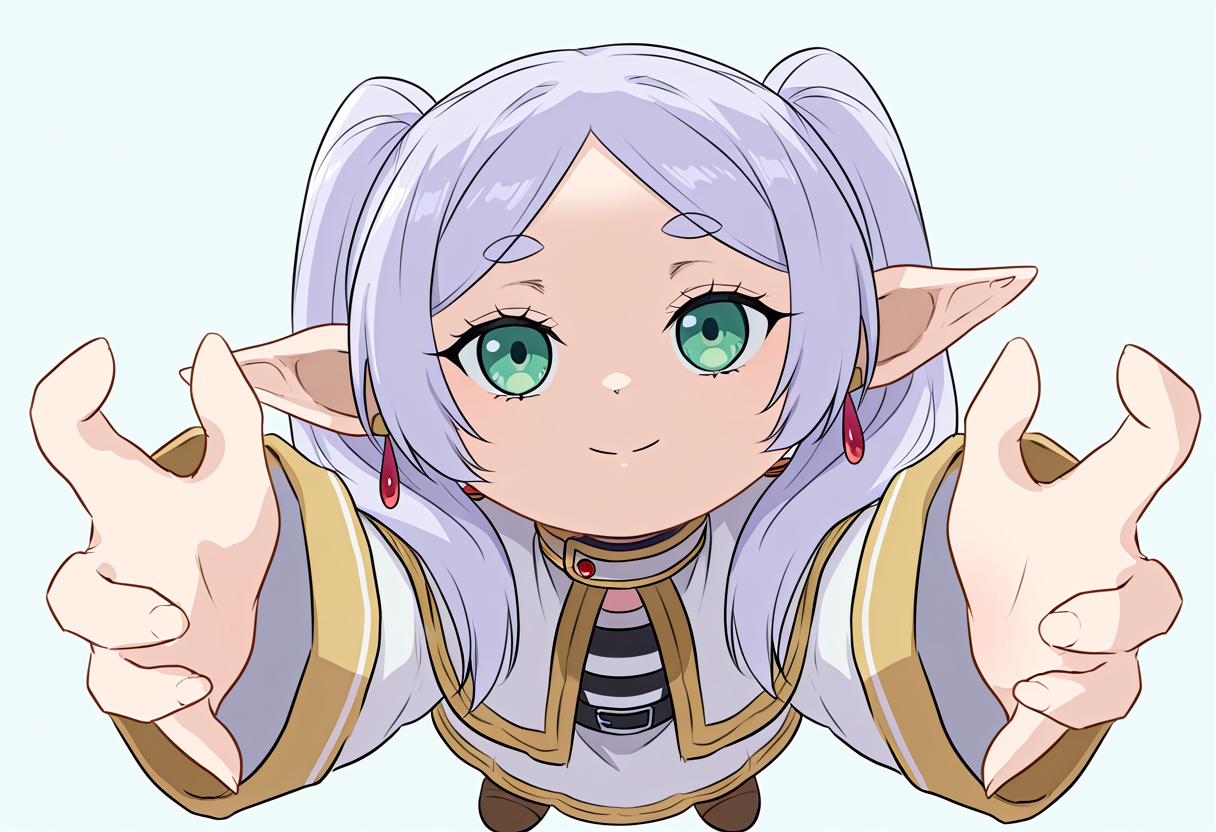 masterpiece, best quality, absurdres, let me hold it, fumo (doll), 1girl, frieren, solo, looking at viewer, looking up, smile, closed mouth, simple background, open hands, <lora:your_milkers_look_heavy_maam_let_me_hold_them_meme:1>