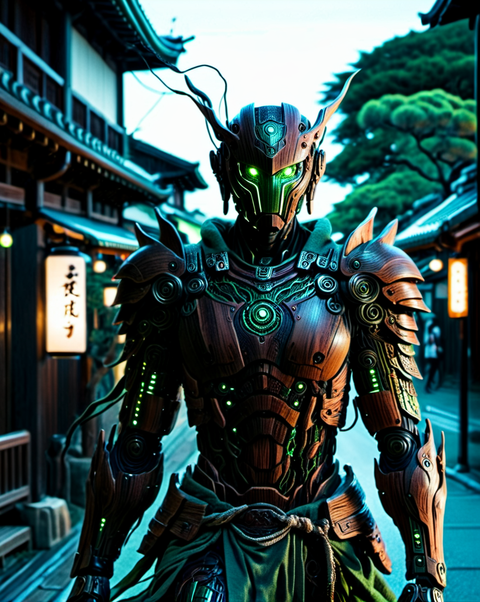 Hyperrealistic art cinematic film still photography in the style of detailed hyperrealism photoshoot, a wandering wooden android warrior that is a combination of wood and micro electronics, walking through the street of an ancient traditional Japanese town, (nighttime, night shoot, starry sky, dark sky:1.5), (glowing green eyes:1.3), (his wooden armor has electronic green glowing veins:1.3), glowing wires and vines, small green gems, he holds an ancient scimitar at the ready, bold lines, hyper detailed, shallow depth of field, vignette, highly detailed, high budget, bokeh, cinemascope, moody, epic, gorgeous, film grain, grainy, extremely high-resolution details, photographic, realism pushed to extreme, fine texture, incredibly lifelike,<lora:sd_xl_dpo_lora_v1:1.0>,  <lora:NaturePunk_SDXL:1.0>, Naturepunk,   <lora:Bio-Luminescence:1> bioluminescent, glowing,