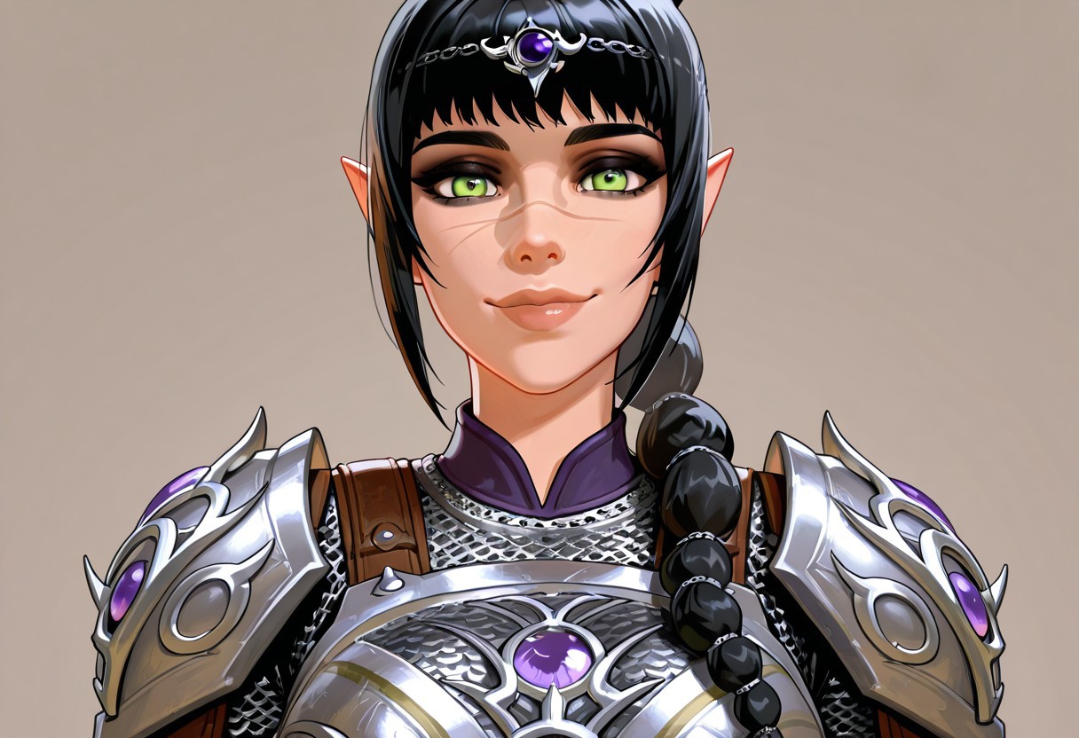 masterpiece,best quality,amazing quality, absurdres, <lora:shadowheart_bg3_ilxl_goofy:1> shadowheart \(baldur's gate\), 1girl, black hair, braid, breasts, elf, detailed eyes, green eyes, large breasts, detailed lips, glossy lips, long hair, looking at viewer, multi-tied hair, pointy ears,scar on face,  simple background, smile, solo, body armor, shoulder pads, ,breastplate, chainmail,