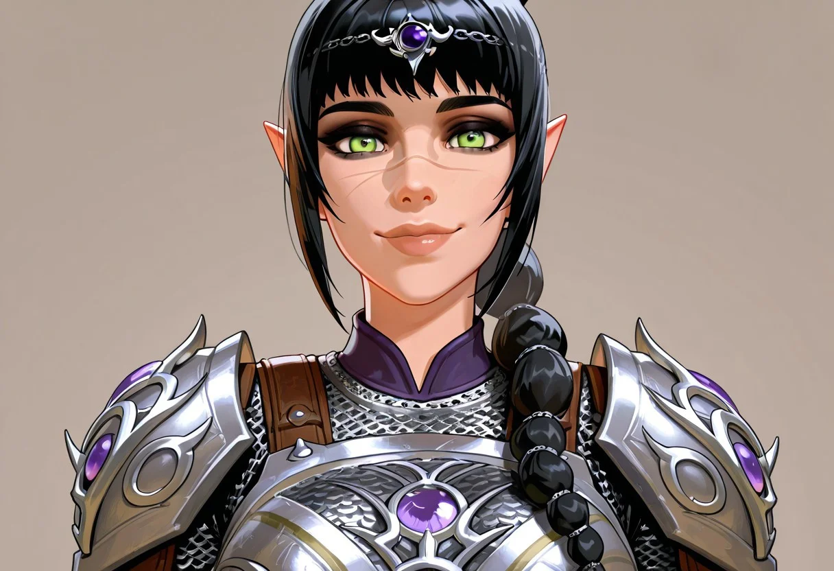 masterpiece,best quality,amazing quality, absurdres, <lora:shadowheart_bg3_ilxl_goofy:1> shadowheart \(baldur's gate\), 1girl, black hair, braid, breasts, elf, detailed eyes, green eyes, large breasts, detailed lips, glossy lips, long hair, looking at viewer, multi-tied hair, pointy ears,scar on face, simple background, smile, solo, body armor, shoulder pads, ,breastplate, chainmail,