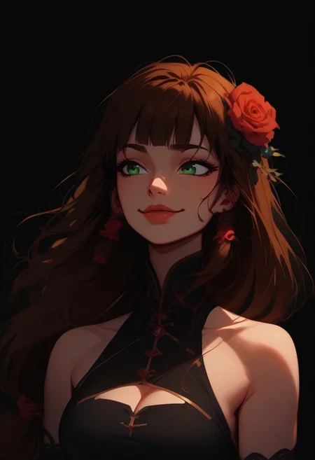 (Blend_in, black background), score_9, score_8_up, score_7_up, masterpiece, (high contrast, sidelightning, upper body), mature, stunning, 1girl, solo, imtdlilaross, long hair, low-tied long hair, green eyes, blunt bangs, brown hair, rose (flower) hair ornament, hair tubes, matte red lips, black china dress, halter neck, cleavage cutout, bare shoulders, black elbow gloves, (black clothes:1.5), smile, looking to the lighting side
