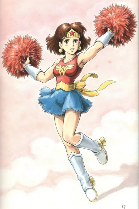 miyaha1 manga illustration A cheerleader dressed as Wonder Woman, jumping into the air with her pom poms. <lora:miyaha1_cap_d6a3e12:0.9><lora:818066484191472438:0>