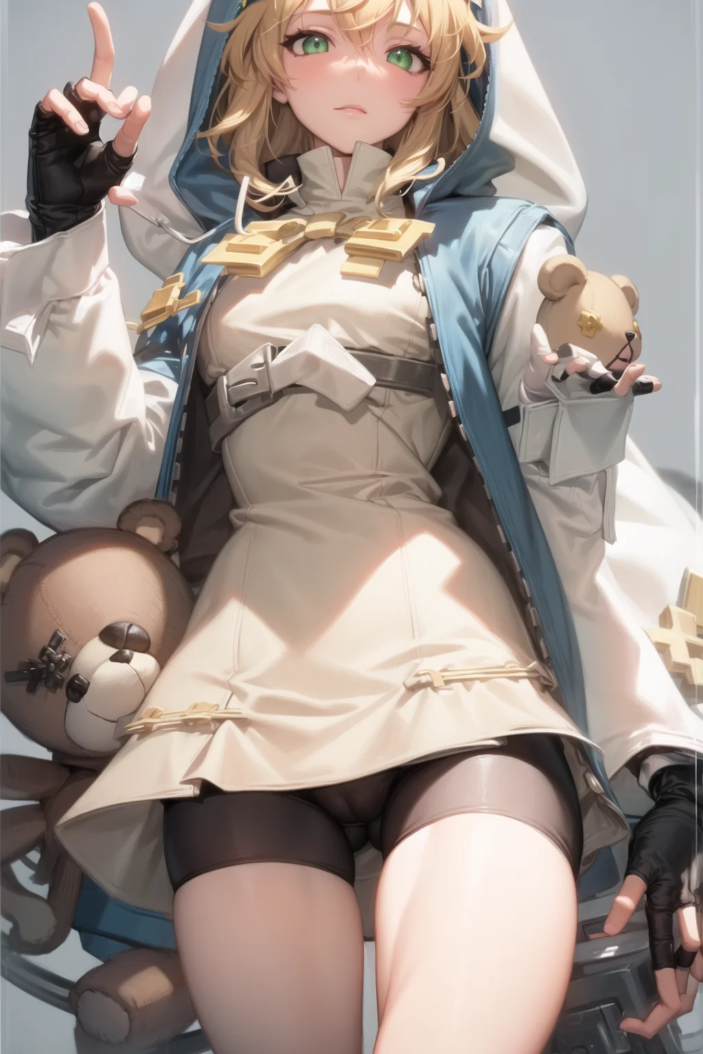 ((masterpiece)), (best quality), (detailed), (1 girl),<lora:WomanNun:1>,bridget \(guilty gear\),blonde hair,fingerless gloves,green eyes,teddy bear,bike shorts