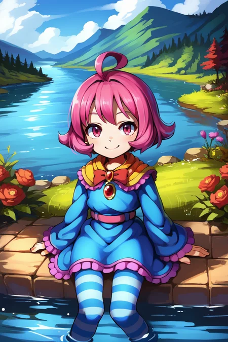 score_9, score_8_up, score_7_up, source anime, <lora:Sae:0.80> , saebase, saedef, 1girl, pink eyes, pink hair, short hair, pink eyes, yellow capelet, pendant, gem, red gem, red bowtie, dress, blue dress, frilled dress, layered dress, striped, horizontal-striped thighhighs, striped thighhighs, pantyhose, wide sleeves, long sleeves, blue sleeves, frilled sleeves, pink belt, purple ribbons, orbs, platform footwear, arms at sides, smile, looking at viewer, full body, solo, (sitting), BREAK, outdoors, exterior, day, river in background, overlook, scenery, <lora:backgroundsetXL:0.2> , background, <lora:e10_P:0.4> , e10_P,