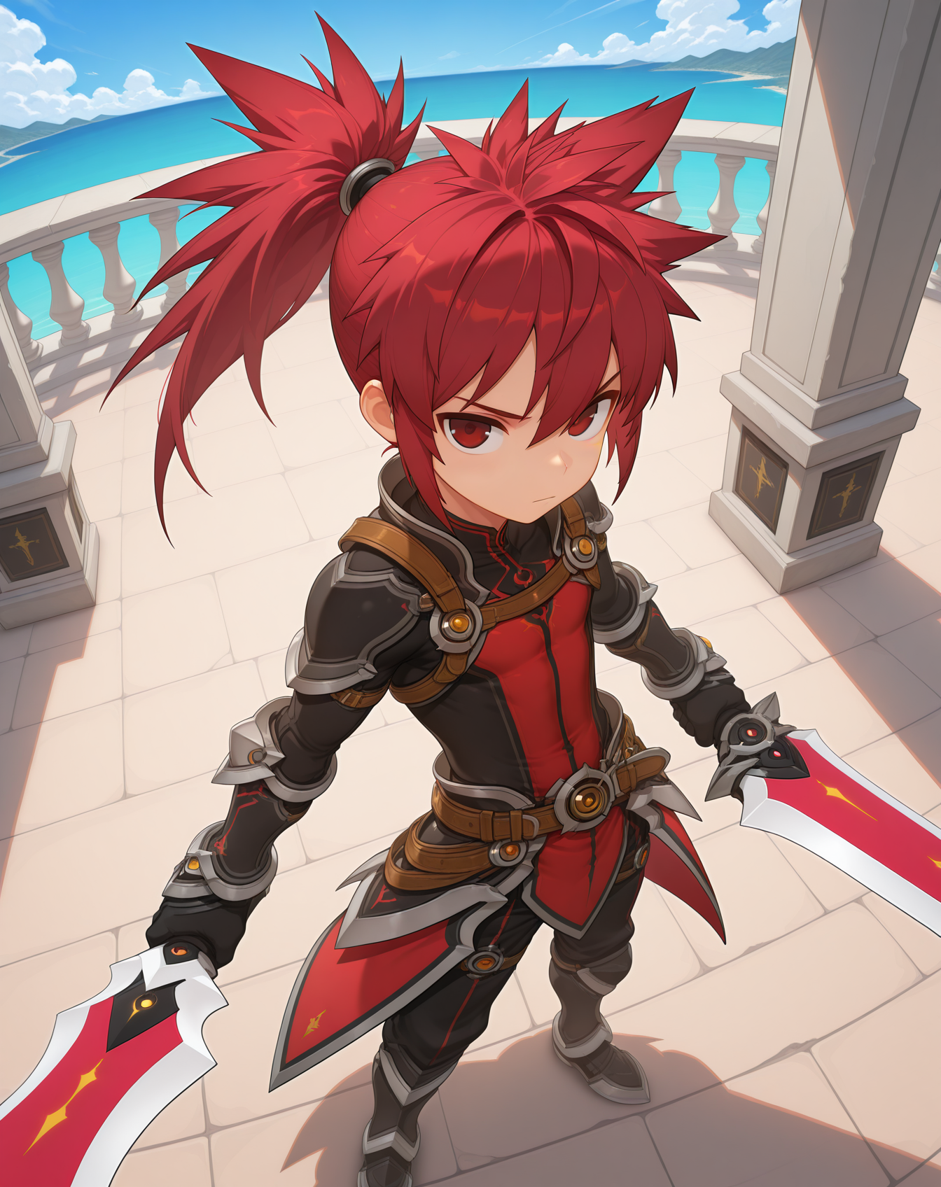 masterpiece, amazing quality, best quality, absurdres, very aesthetic,
1boy, solo, yaoi, male focus, full body, from above, standing, looking at viewer, face focus,
 <lora:Elsword_Sheath_Knight_ilxl:1>   elswordsk, red hair, red eyes, spiked hair, long hair, ponytail,
black pants, gloves, surcoat, armor, belt, knee boots, 
sword, dual wielding, holding weapon, reverse grip,
outdoors, day, blue sky,