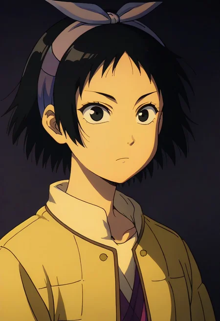 Totori, short hair, black hair, black eyes, yellow jacket, purple hairband, <lora:HeavenlyDelusion:1>,