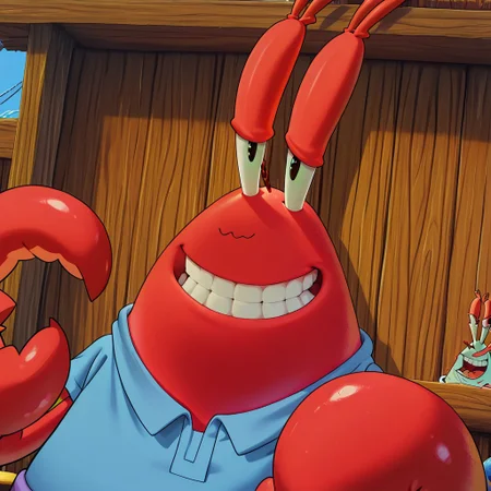 masterpiece, best quality, amazing quality, Mr_krabs, red skin, claws, blue shirt, smiling, grin, Male, teeth, detailed teeth, good shading, face focus