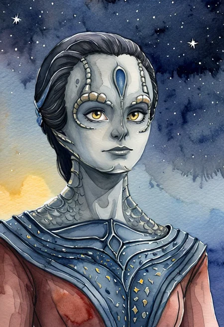 ((watercolor sketch) of a female c4rd45514n alien, forehead crest, grey skin, ridges, scales), black starry night time sky background full of stars, dressed in medieval garb