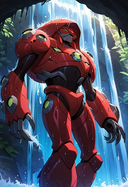 masterpiece, best quality, amazing quality, very aesthetic, absurdres, newest,, detailed background, 
waterhazard, solo, red armor, red hood up, , helmet, mecha, alien, claws, green eyes, 1boy, 
wet, waterfall, closed eyes, underneath waterfall, wet, waterfall, , underneath waterfall, from below,