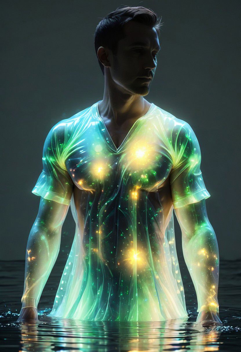 a man wearing a bioluminescent clothes glowing in water